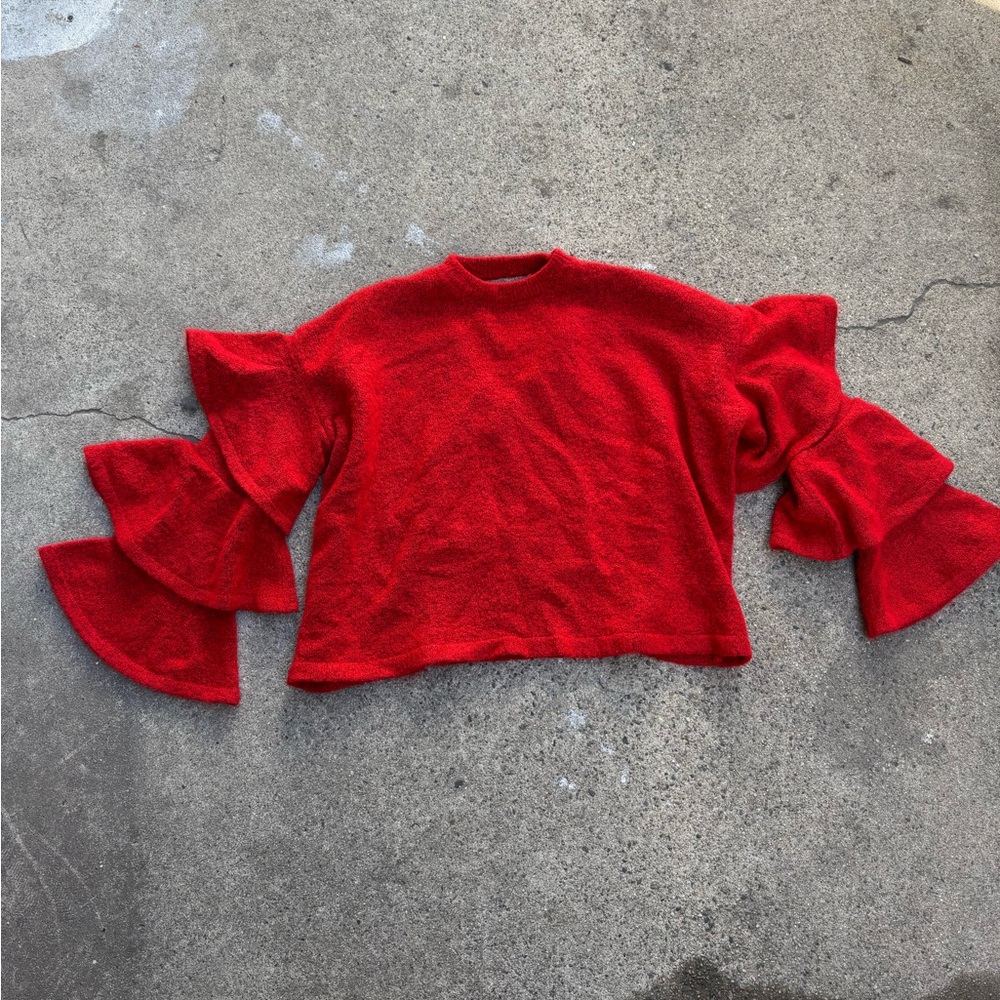 Red Ruffled Sleeve Sweater
